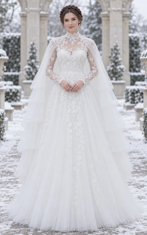High Neck Long Sleeve Winter Floral Lace Tiered Cape A-line Wedding Dress