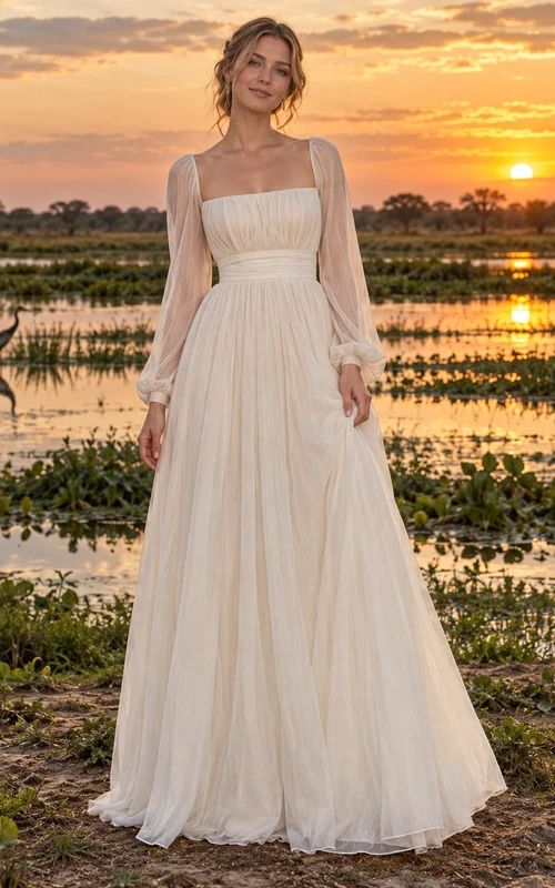 Vestido de novia de voile de algodón de manga larga con escote cuadrado, corpiño fruncido y falda en línea A.