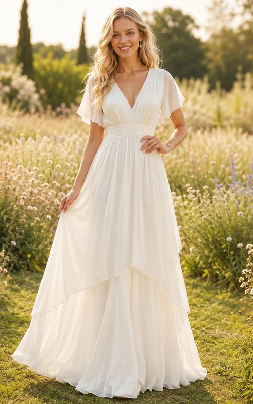 White Chiffon V-neck Short Sleeve A-Line High-low Asymmetrical Romantic Elegant Garden Layered Dress