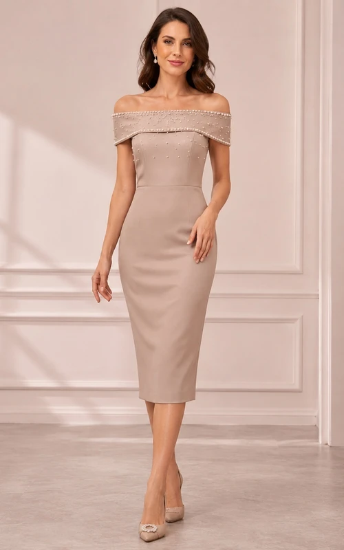 Elegant Taupe Off Shoulder Beaded Sheath Knee Length Cocktail Dress