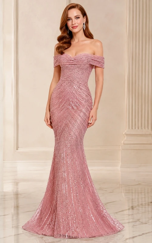 Dusty Rose Sequined Off-the-shoulder Mermaid Floor-length Luxury Evening Gown