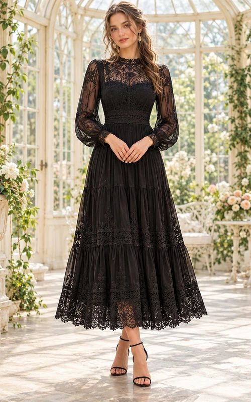 Boho Black High Neck Long Lace Sleeve Midi Guest Dress