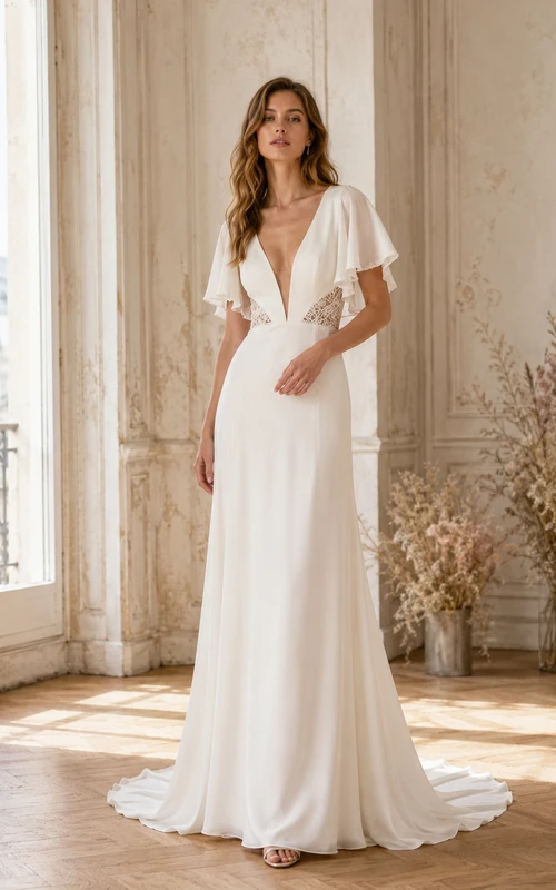 Robe de mariée minimaliste en mousseline classique, décolleté en V profond, manches papillon, coupe fourreau et traîne, idéale pour un mariage au bord d'un lac.