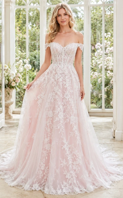 Rosafarbenes, schulterfreies A-Linien-Brautkleid aus Spitze mit Schleppe für eine Gartenhochzeit