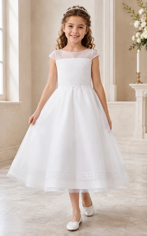 Weißes, gerafftes Tüllkleid mit Illusionsausschnitt, Spitzenärmeln, geraffter Taille und bodenlangem Kommunionskleid für Blumenmädchen