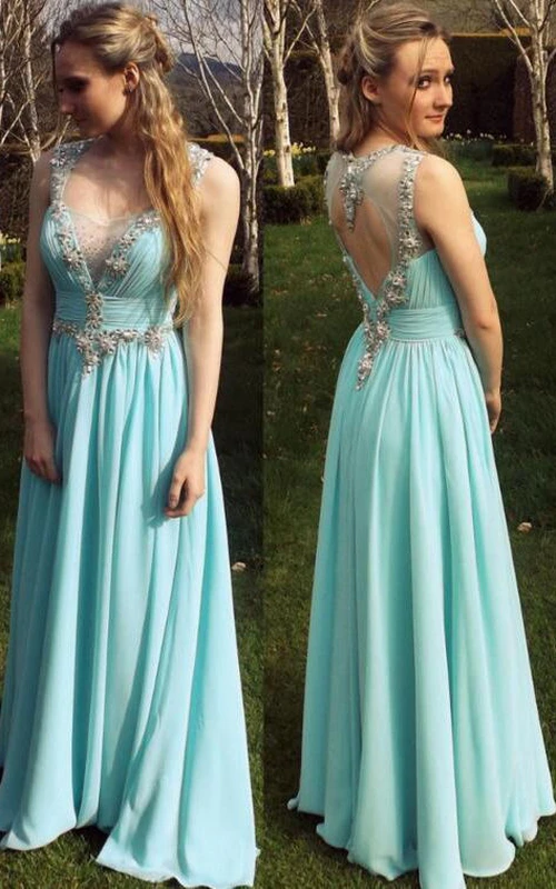 A-Linien-Kleid aus Chiffon, bodenlang, ärmellos, mit Perlenapplikationen