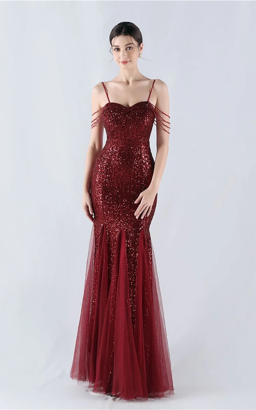 Craft Beading Mesh Sequins Evening Dress Performance Host Annual Meeting