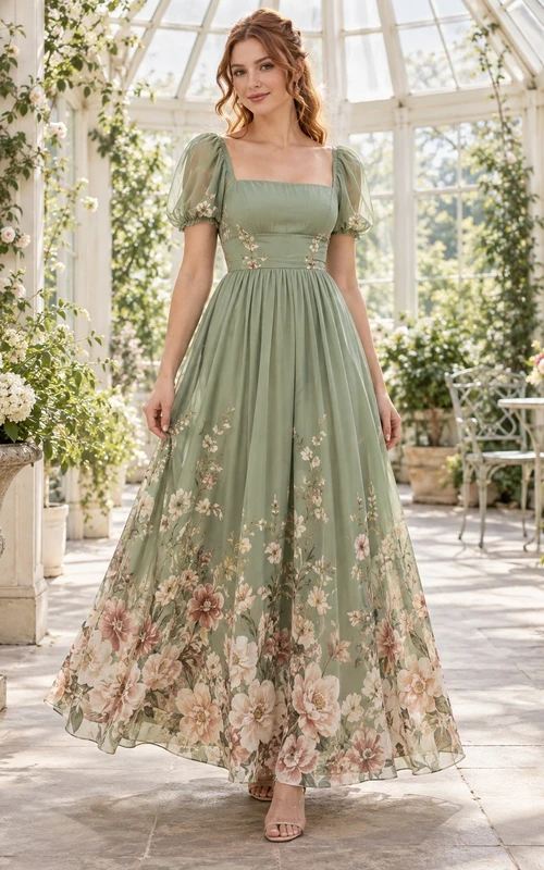 Sage Floral Border Print Square-Neck Puff Sleeve Floor-Length Chiffon Guest Dress