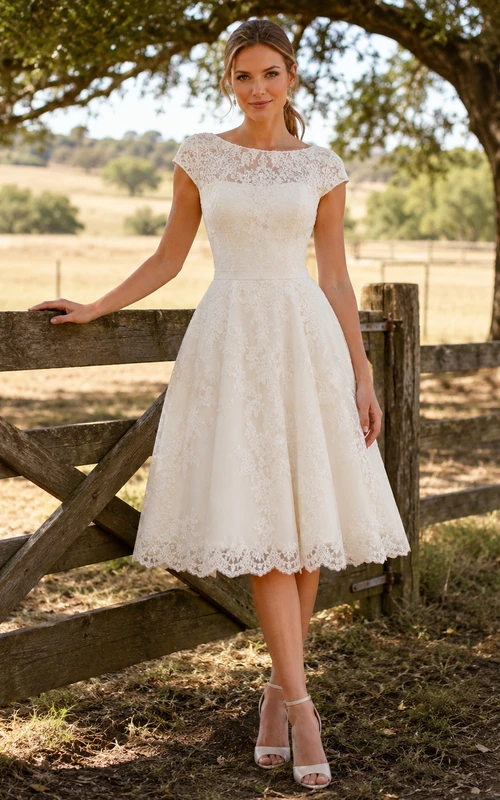 Vestido de novia campestre vintage modesto de largo midi con escote barco y mangas cortas ilusión de encaje