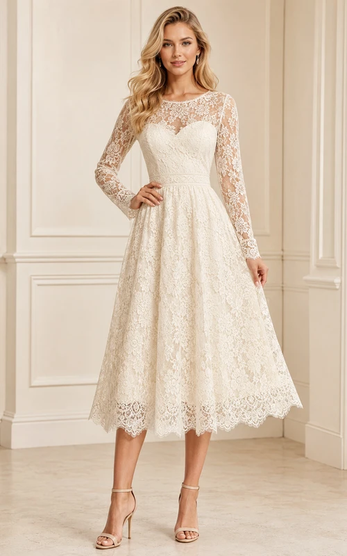 Ivory Bateau Sweetheart Long Lace Sleeve A-Line Tea Dress Garden