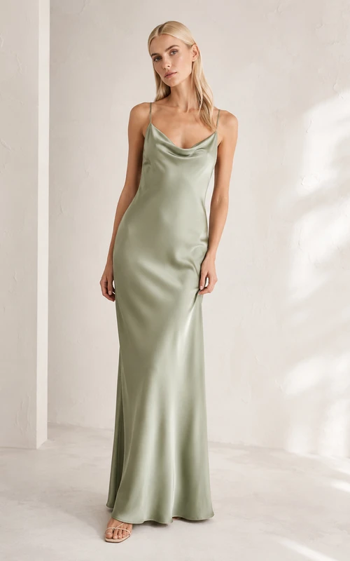Sage Cowl Neck Satin Sheath Formal Dress