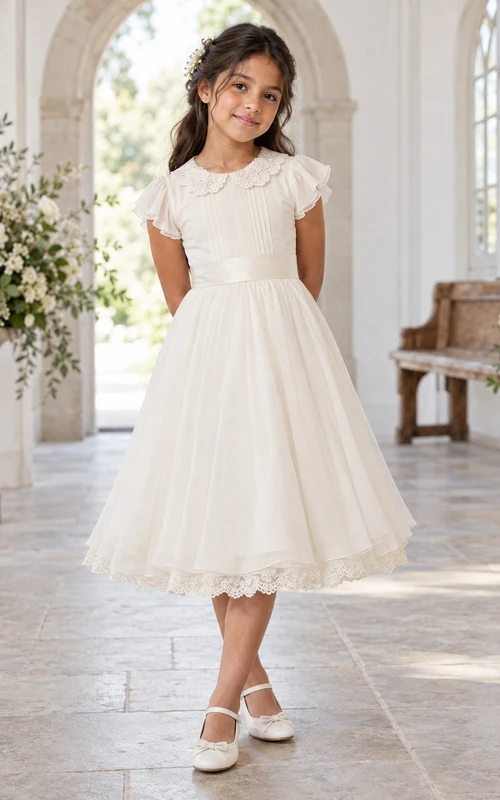 Teelanges Vintage-Kleid in Elfenbein mit A-Linien-Schnitt, Tüllkragen und Biesen für Blumenmädchen