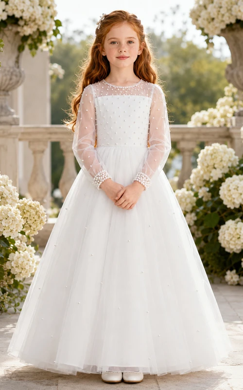 Blumenmädchenkleid, elfenbeinfarben, Spitze, Tüll, A-Linie, lange Ärmel, Rundhalsausschnitt, bodenlang