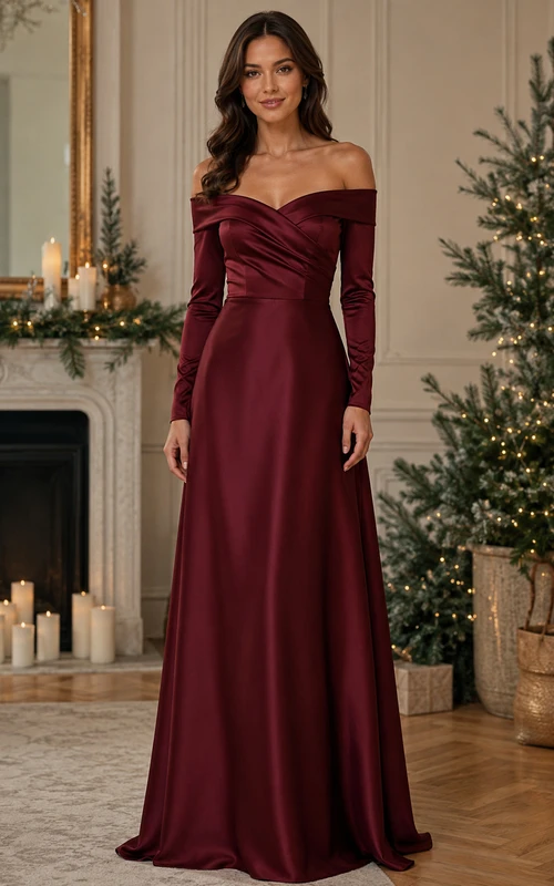 Robe de demoiselle d'honneur bordeaux en satin, épaules dénudées, manches longues, coupe trapèze