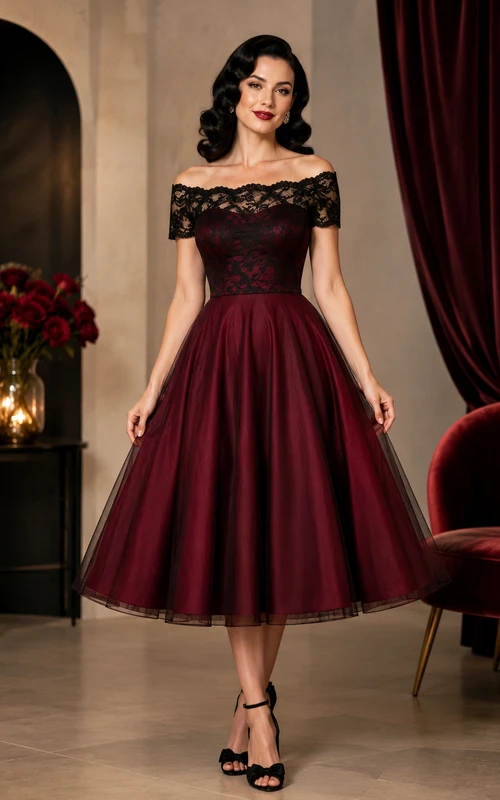 Vestido de cóctel vintage de satén color burdeos, vestido de corte A hasta la rodilla con escote Bardot y encaje.