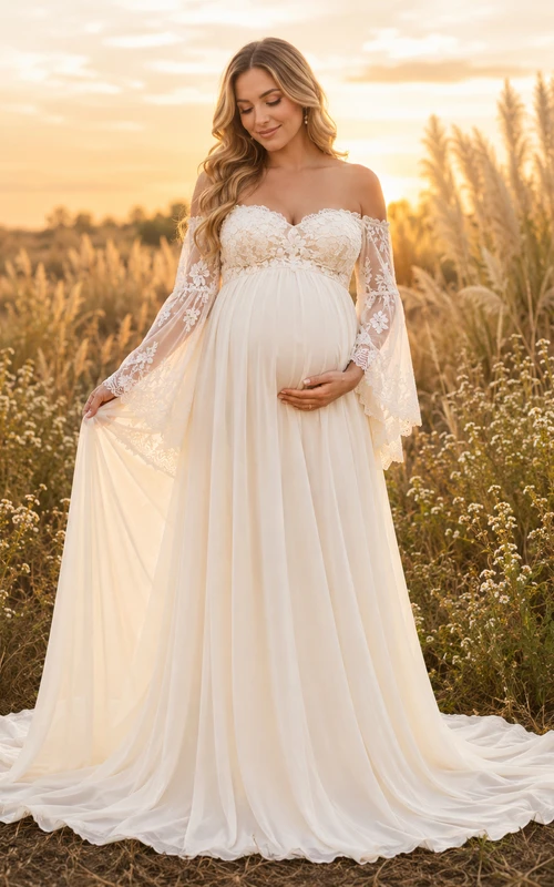Vestido de novia de encaje campestre, corte en A, hombros descubiertos, manga larga, cola capilla, espalda descubierta.