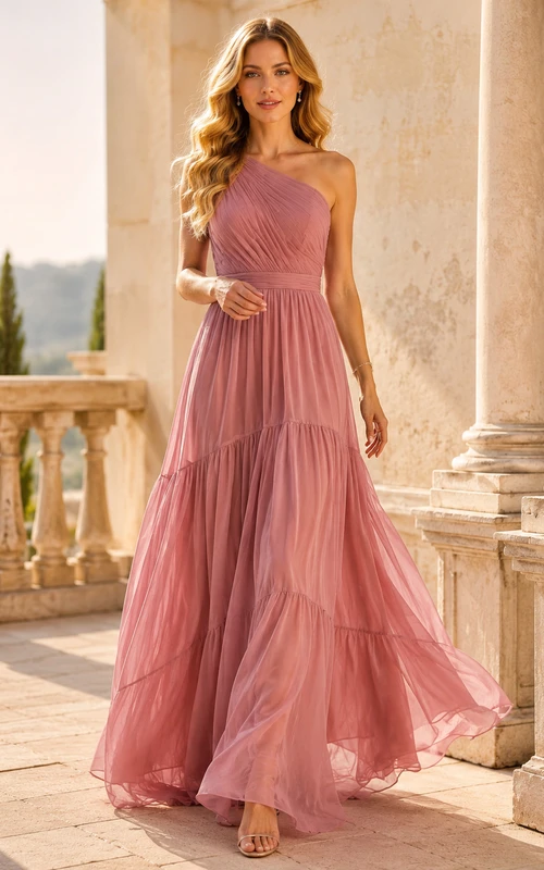 Vestido largo de fiesta de gasa de un solo hombro color rosa empolvado