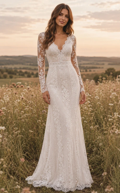 Vestido de novia de tul y encaje campestre, estilo sirena, con escote en V, manga larga, cola de corte y espalda baja en V.