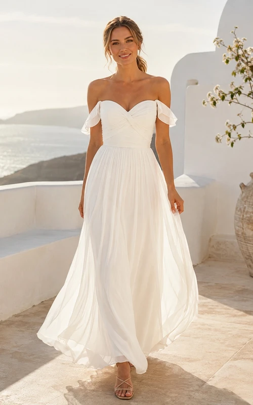 Beach Off-Shoulder Sweetheart Chiffon A-Line Floor-Length Simple Destination Wedding Dress