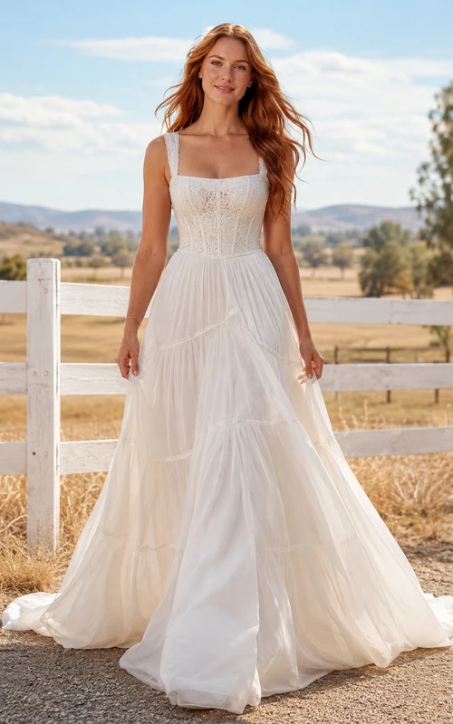 Country Tulle Wedding Dress A-Line Spaghetti Strap Chapel Train Bridal Gown