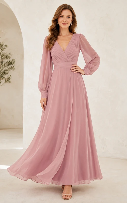 Abendkleid aus Chiffon in A-Linie, altrosa, mit V-Ausschnitt und langen Ärmeln (Poetenärmel)