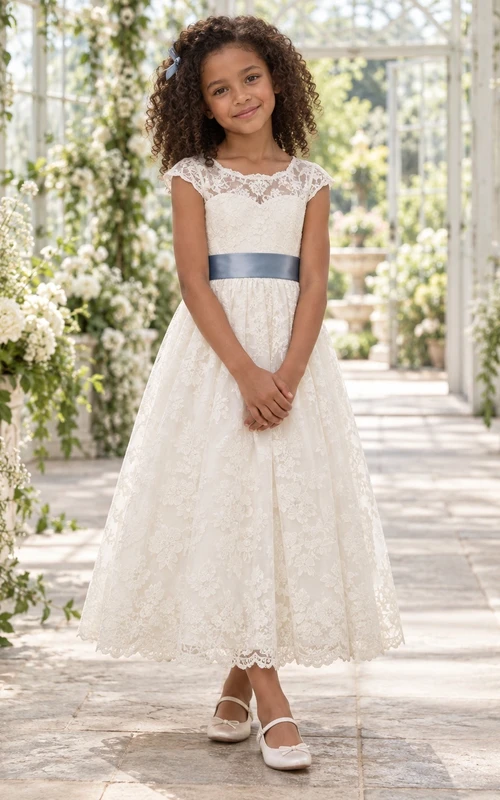 Vestido de niña de flores modesto, color marfil, con estampado floral, corte en A, mangas cortas, encaje y largo hasta los tobillos, con fajín azul.