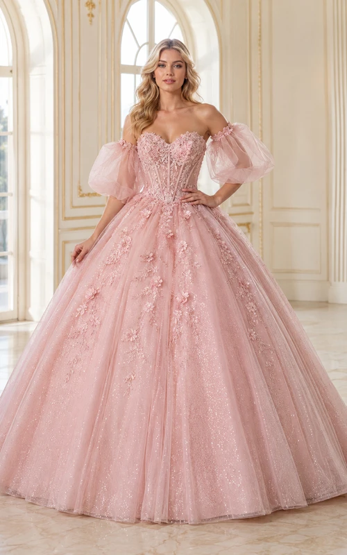 Blushing Pink Luxury Detachable Puff Sleeve Glitter Tulle Princess Quinceanera Ball Gown