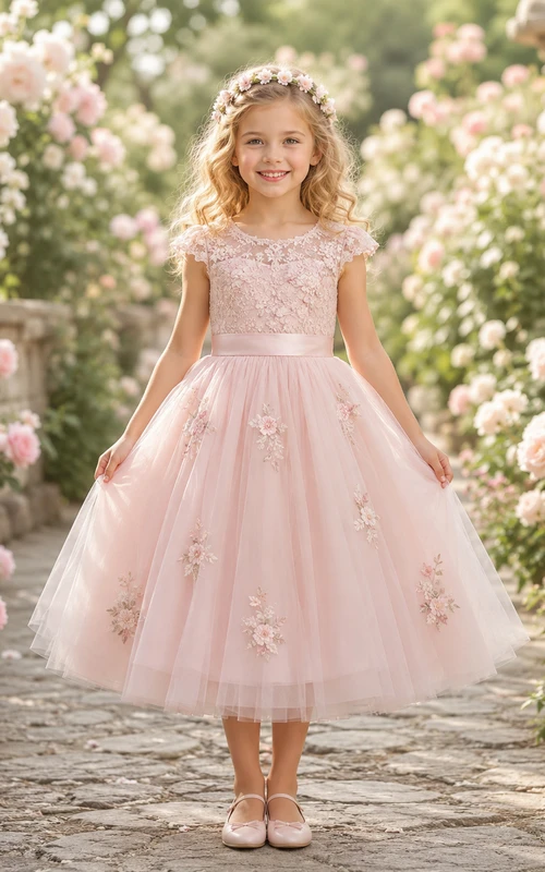 Blumenmädchenkleid aus rosafarbener Spitze und Tüll, A-Linie, kurze Ärmel, Rundhalsausschnitt, Teelänge, Applikationen