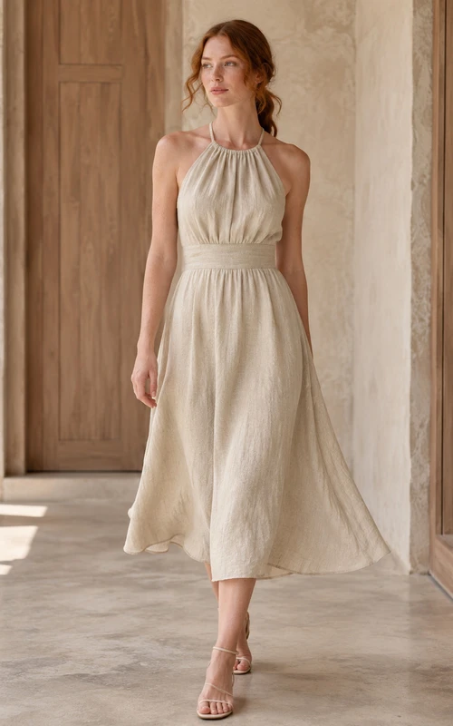 Beige Linen Halter High Neck Belted A Line Midi Dress