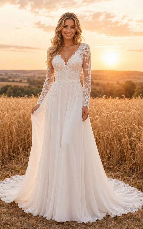 Brautkleid im Landhausstil mit Spitze, A-Linie, herzförmigem Schnitt, langen Ärmeln, Schleppe und tiefem V-Ausschnitt am Rücken