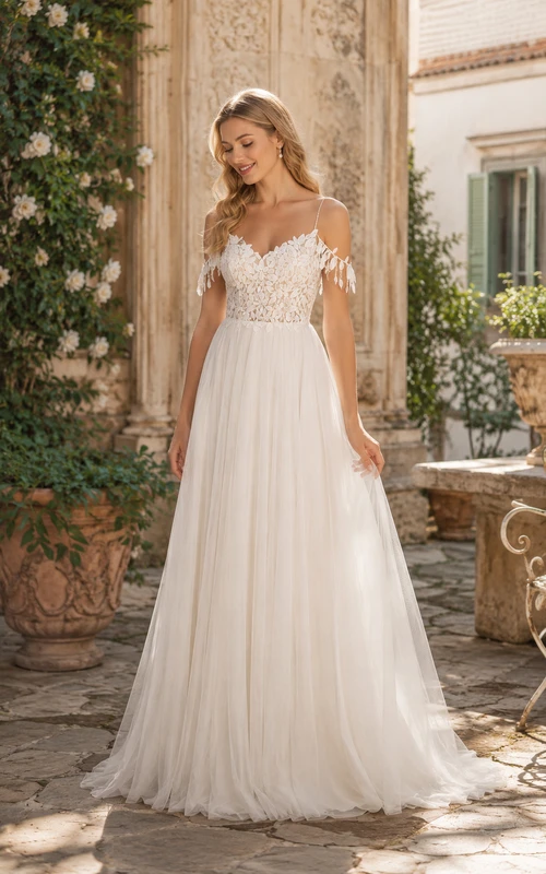 Vestido de novia de dos piezas de corte A en encaje color marfil con falda de gasa.