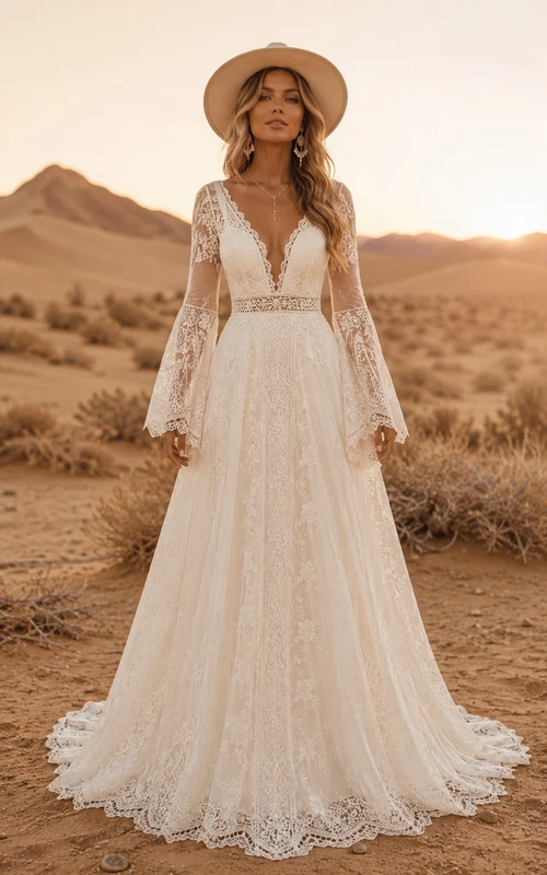 Robe de mariée western vintage style trapèze, manches longues cloche, col en V, tulle et dentelle appliqués, longueur au sol, traîne chapelle, couleur ivoire.