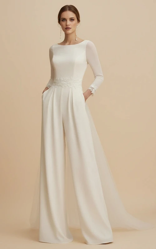Eleganter Hochzeitsjumpsuit mit U-Boot-Ausschnitt, langen Ärmeln und Spitzenapplikationen