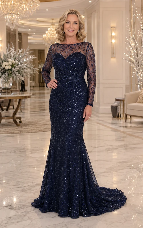 Dunkelblaues, langärmeliges Pailletten-Meerjungfrauenkleid für Mütter