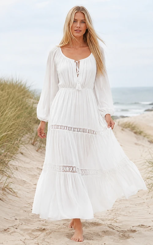 Robe de mariée bohème de plage en mousseline de soie et dentelle à volants, col rond et manches bouffantes