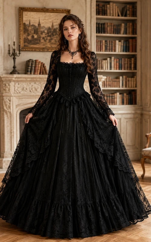 Gothic Black Lace Ball Gown Floor-Length Scoop Neck Long Sleeve Evening Dress