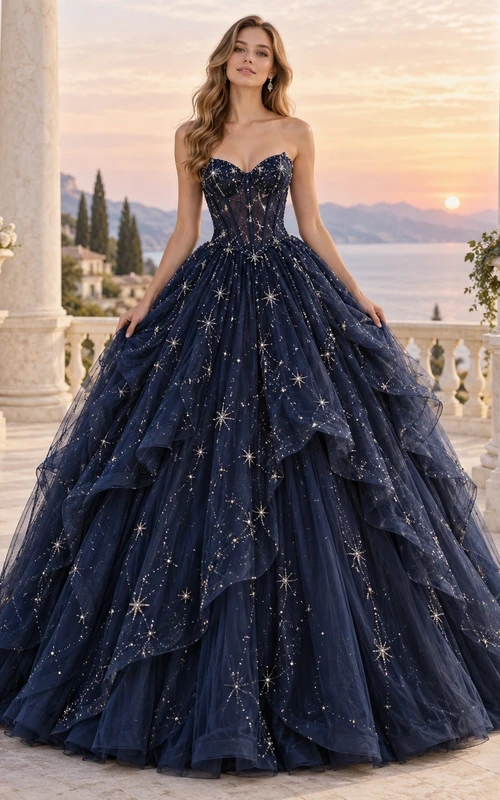 Robe de bal de fin d'année bleu marine féerique, bustier cœur brodé d'étoiles, à volants et décolleté en cœur.