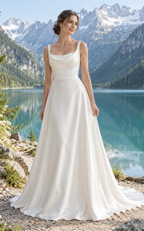 Vestido de novia sencillo de corte A, sin mangas, de satén elástico con cola.