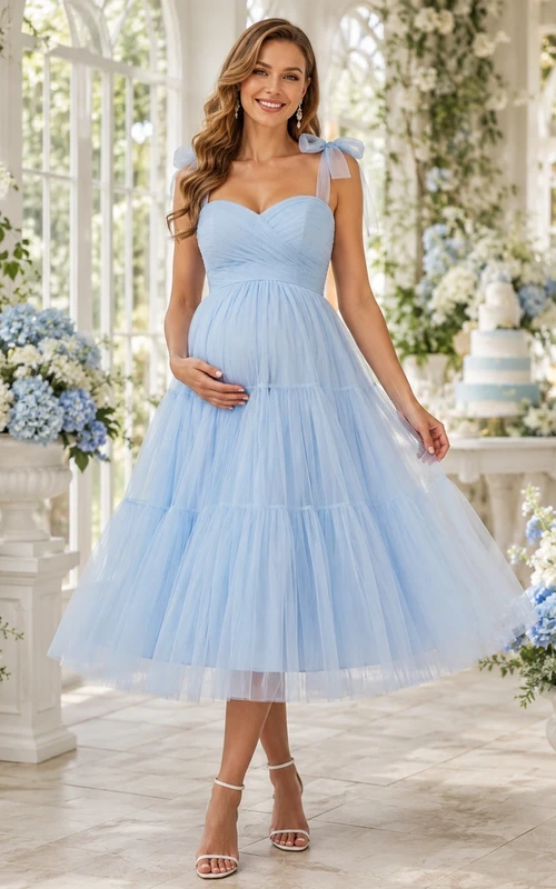 Sky Blue Sweetheart Bow Strap Tulle Tiered Maternity Tea Length Party Dress
