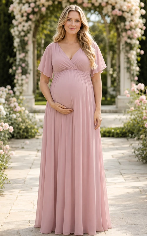 Maternity Blush Flutter Sleeve V Neck Empire Floor Length Chiffon Dress