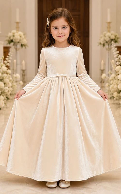 Blumenmädchenkleid aus elfenbeinfarbenem Tüll, A-Linie, Rundhalsausschnitt, Teelänge, mit Schärpendetails