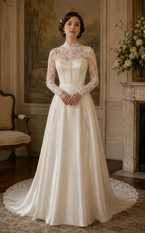 Vintage Satin A-Line Wedding Dress with Lace Yoke