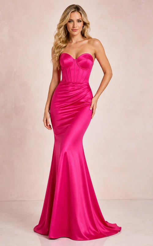Abendkleid aus fuchsiafarbenem Satin, Meerjungfrauen-Schnitt, trägerlos, herzförmig, mit Schlitz, bodenlang
