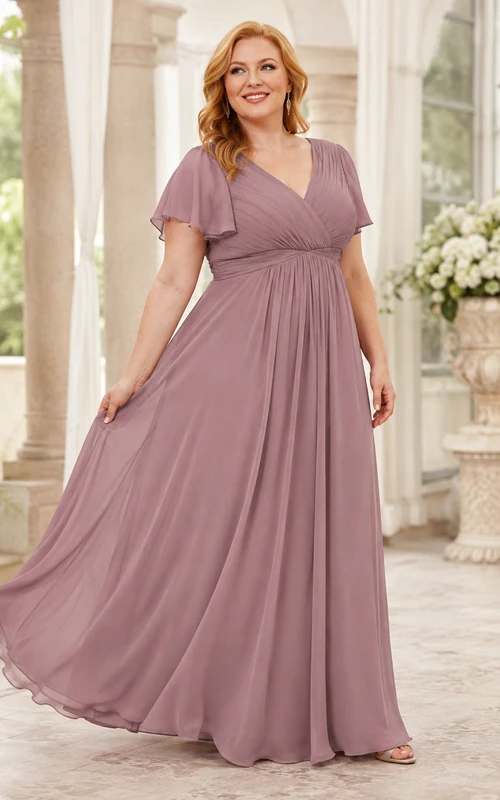 Elegante vestido formal de gasa de manga corta, estilo imperio, color malva vintage, talla grande, con escote en V y largo hasta el suelo.