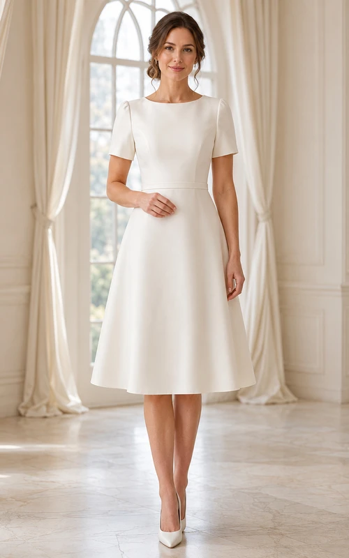 Vestido de novia modesto de satén de manga corta con escote barco y largo hasta la rodilla para recepción en el juzgado