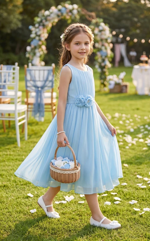 Vestido corto de niña de flores azul cielo con volantes y pliegues de gasa con pétalos.