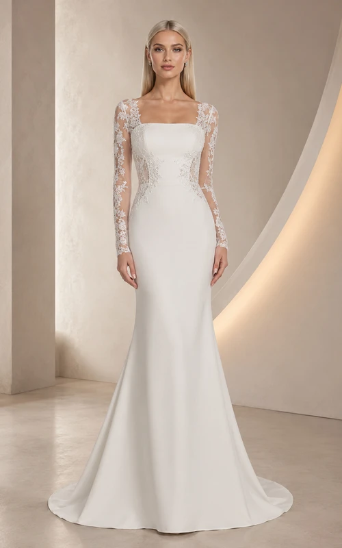 Robe de mariée sirène en satin délicat et dentelle, col carré, manches longues, traîne courte et manches fleuries, idéale pour une soirée de bal.