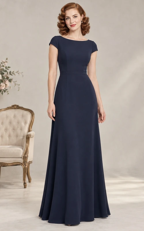 Vestido de invitada largo hasta el suelo de satén azul marino con detalles de joyas y mangas cortas.