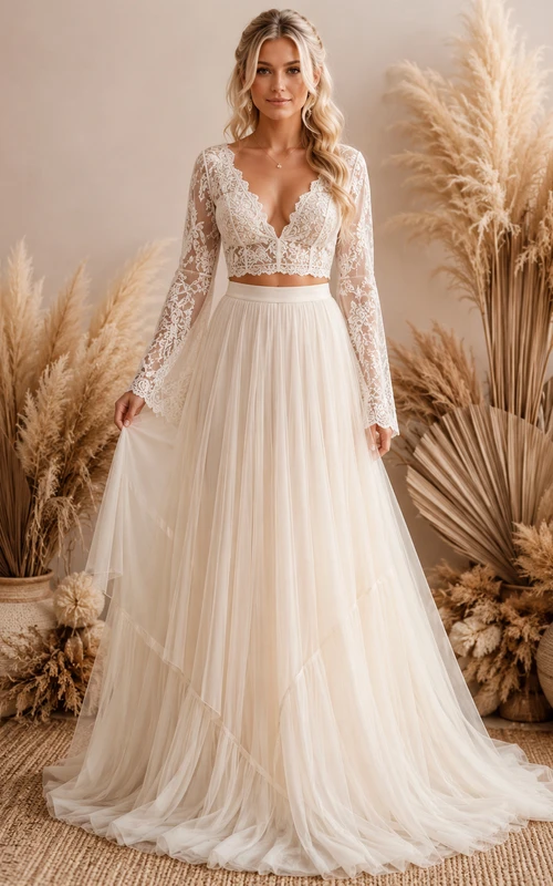 Conjunto nupcial de tul Pampas con top corto de encaje de manga larga y top corto de encaje.