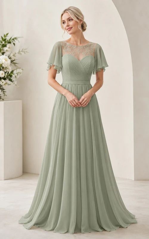 Robe de mariée trapèze en mousseline de soie à manches papillon et dentelle bateau illusion sauge
